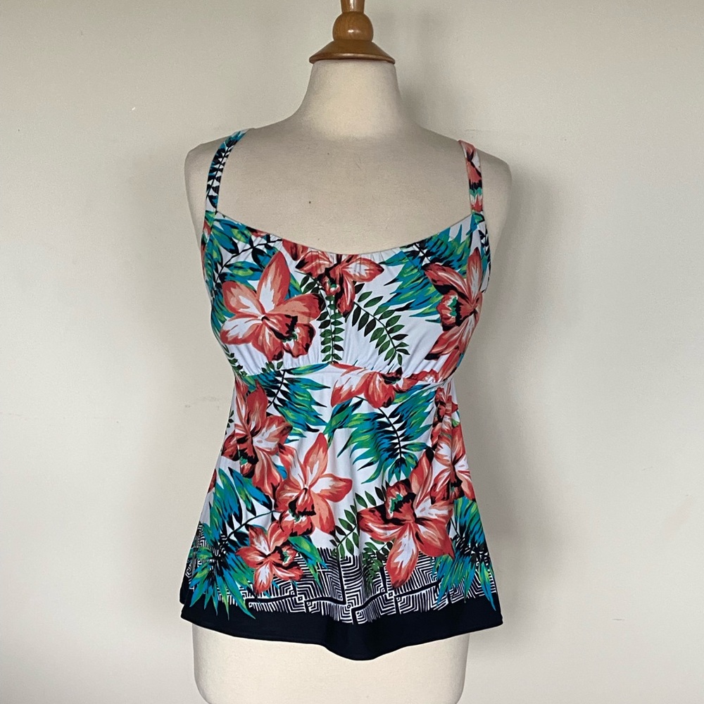 Coco Reef Tankini Top White with Coral & Green Tropical Floral 34D